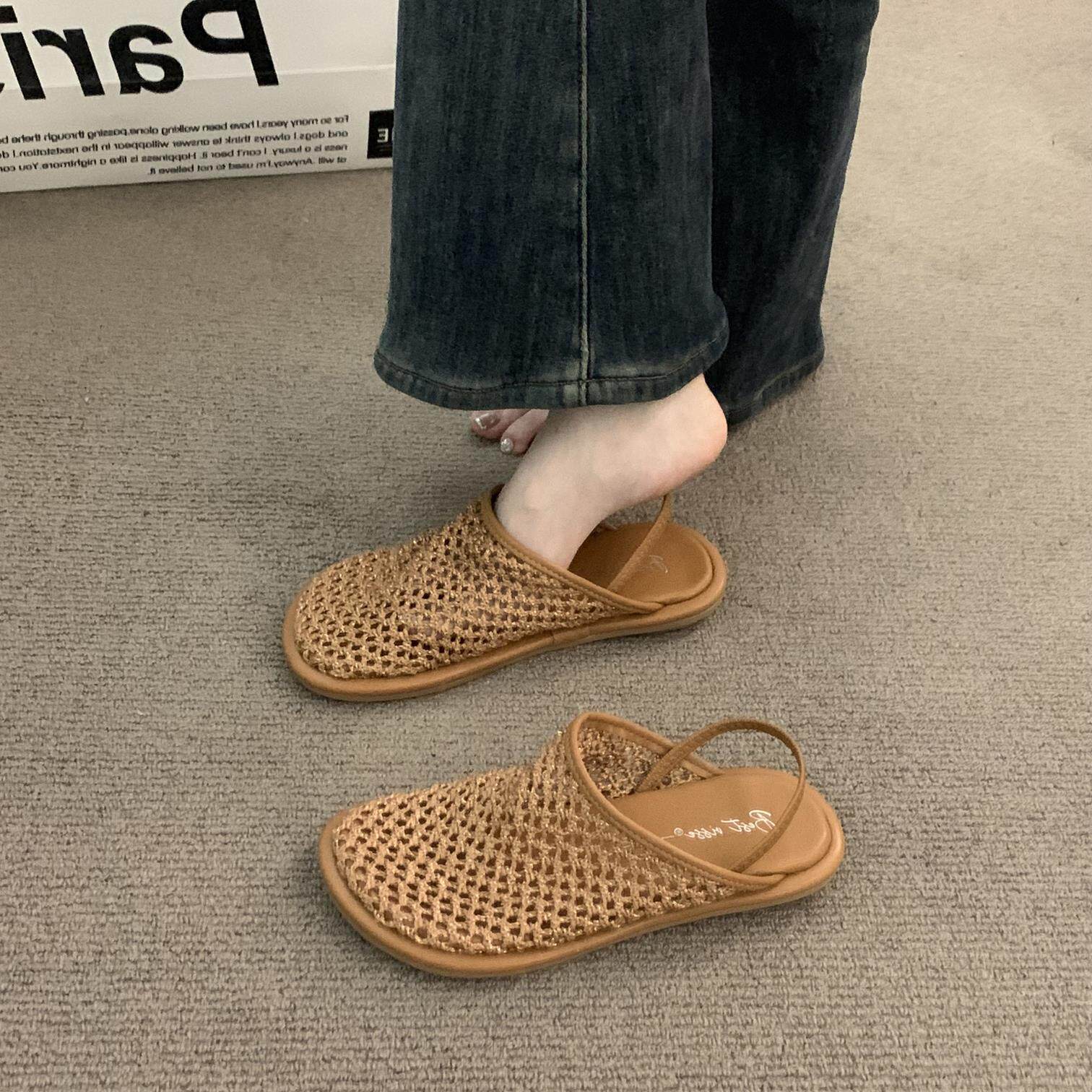 晚晚风小众编织网纱棕色包头凉鞋仙女鞋子2025新款夏季平底勃肯鞋
