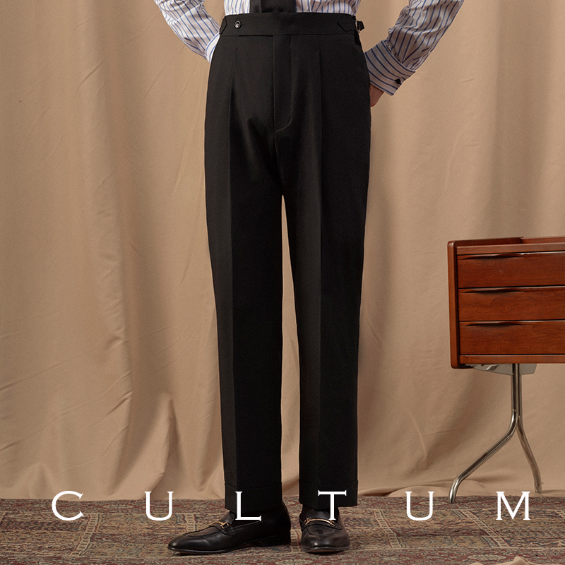 CULTUM修身纯黑色单褶西裤男商务休闲婚礼宴会新郎塔士多礼服裤子
