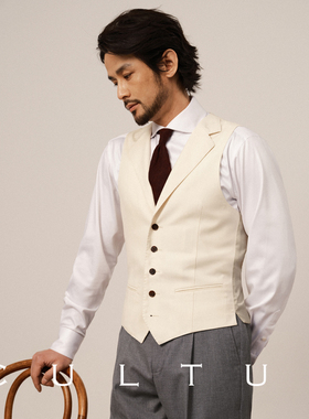 CULTUM古董白色精纺羊毛单排西服马甲男免烫正装内搭马夹高级感