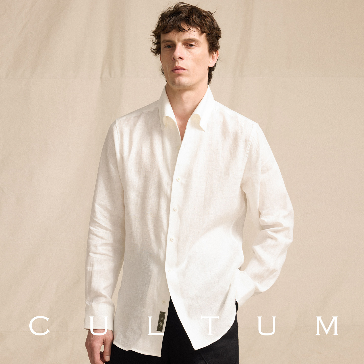 CULTUM【可机洗 法国纯亚麻】意式一片领衬衫男商务休闲透气长袖