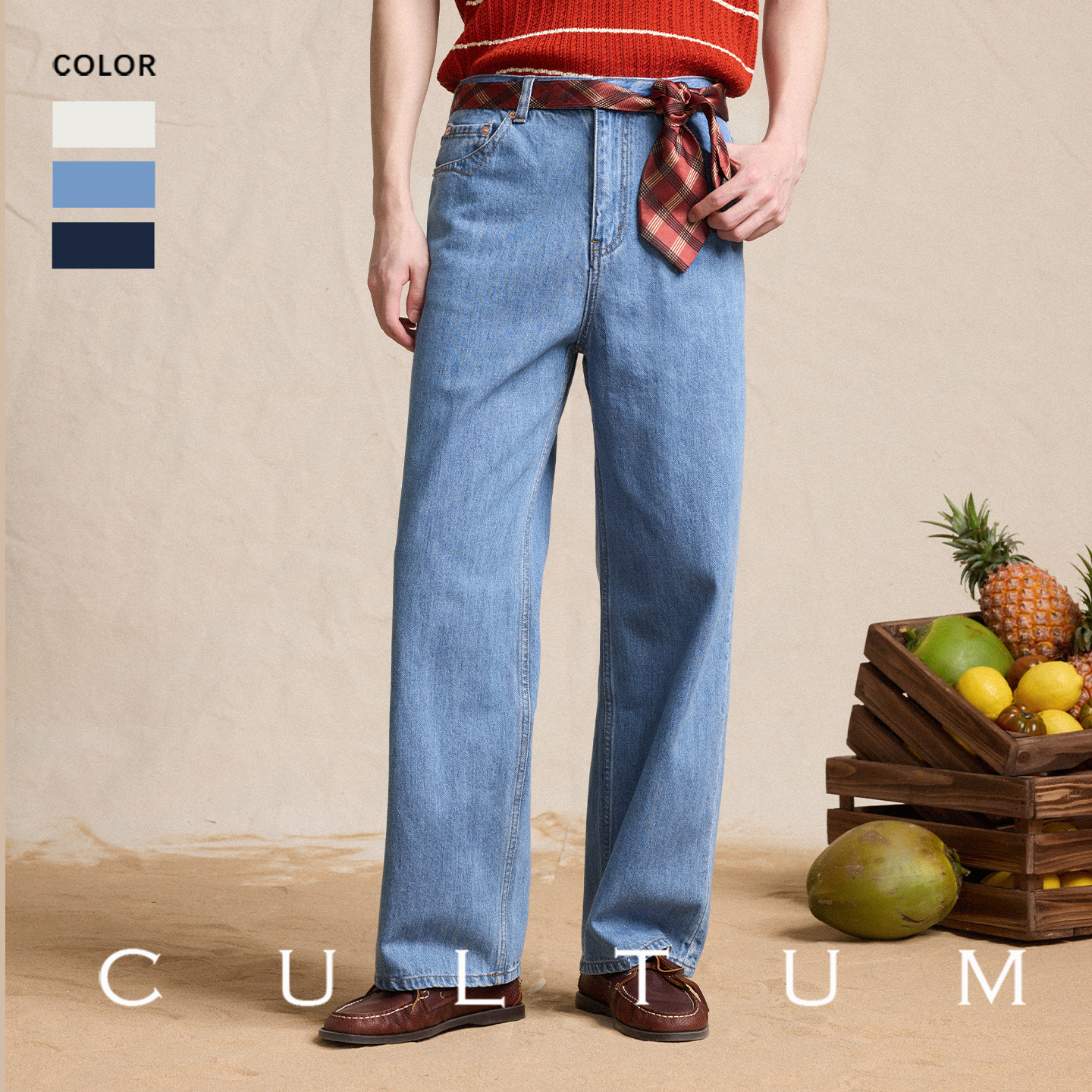 【全棉水洗】CULTUM美式复古学院牛仔裤子男士款直筒微喇阔腿修身
