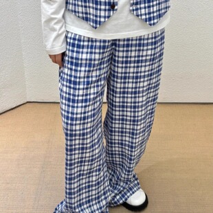 25春夏新款短句设计师品牌蓝白格纹系带纸袋裤休闲宽松百搭长裤女