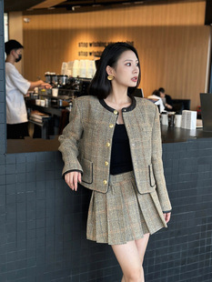 OD设计师品牌25秋冬新品复古人字纹拼皮短外套褶皱短裙小香风套装