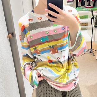 SHORT短句设计师品牌25春夏新款条纹彩绘图案印花宽松休闲长袖T恤