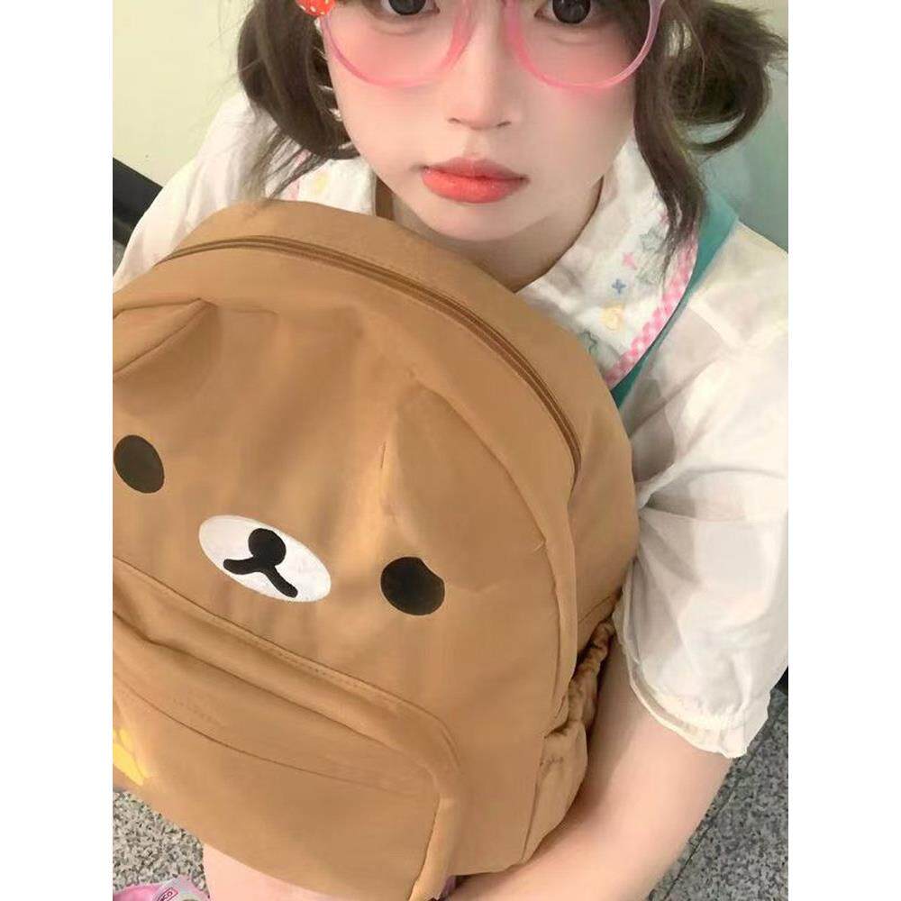 日系可爱新款棕色小熊帆布百搭学生大容量软妹双肩包卡通书包背包