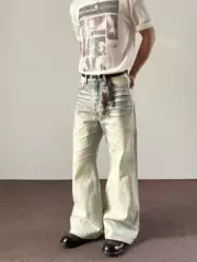 MKCLOT Cream Washed Light Blue Baggy Straight Leg Jeans for Men with Whiskered Dirty Effect