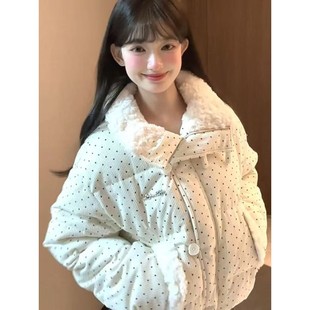 绝美冬装外套韩系设计波点棉服毛领冬季甜美新款加厚宽松棉袄外套
