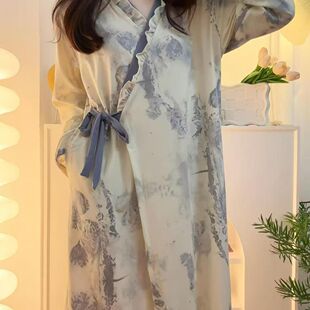 古风睡衣睡袍女春秋季新款水墨风睡裙云朵棉高级感家居服睡衣