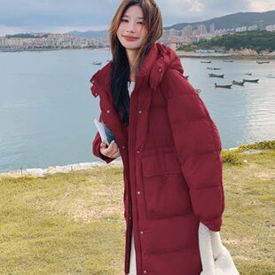 韩系超好看羽绒服2025新款韩版连帽抽绳收腰白鸭绒保暖显瘦中长款