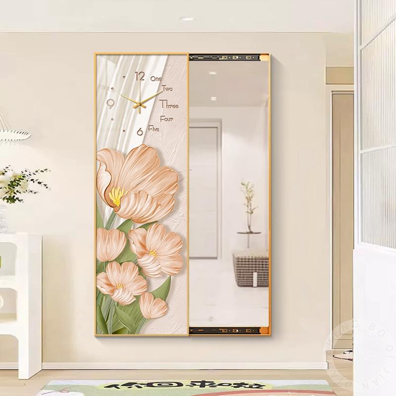 北欧奶油郁金香隐藏式全身镜可推拉玄关镜子装饰挂画带钟表试衣镜