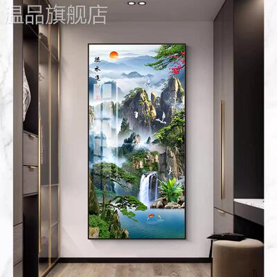 鸿运当头旭日东升靠山图简约竖版挂画玄关山水画聚宝盆客厅装饰画