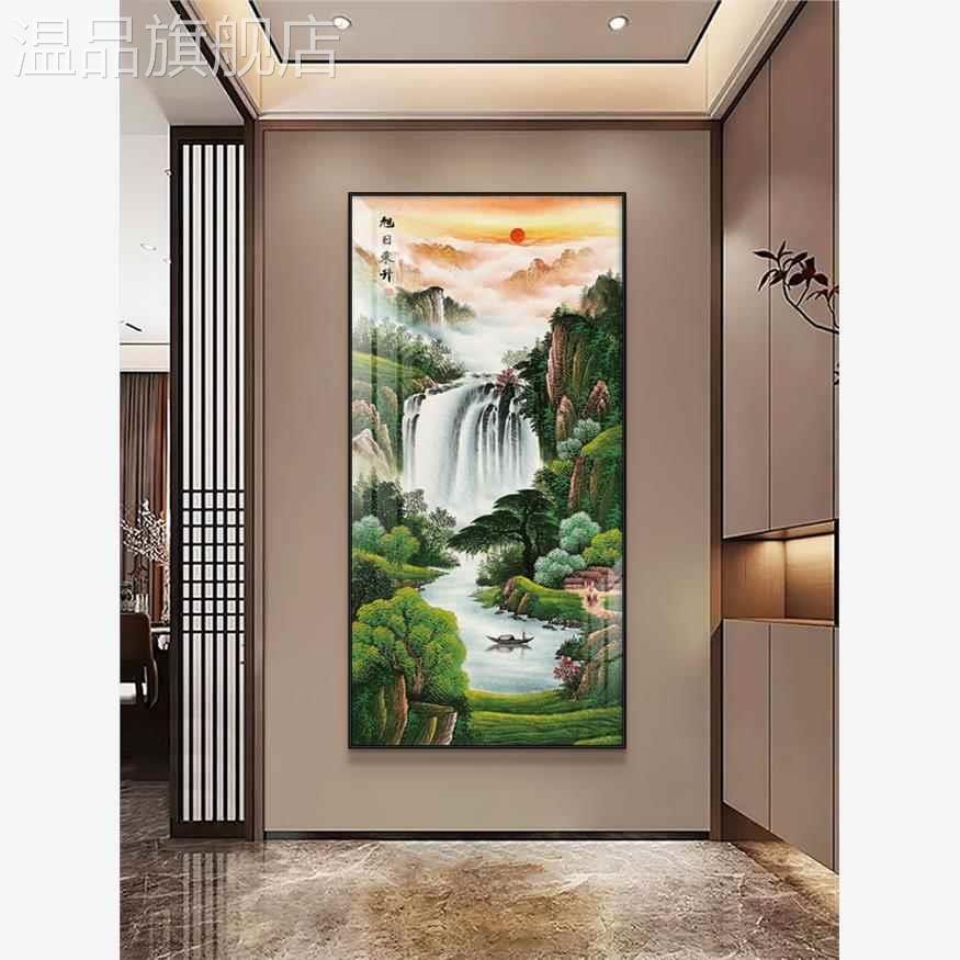 国画旭日东升山水画中式迎客松挂画玄关过道壁画客厅装饰画流水画