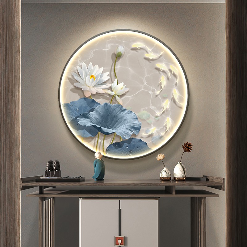 现代简约九鱼图玄关装饰画客厅入户门荷花壁灯画走廊过道圆形挂画图片