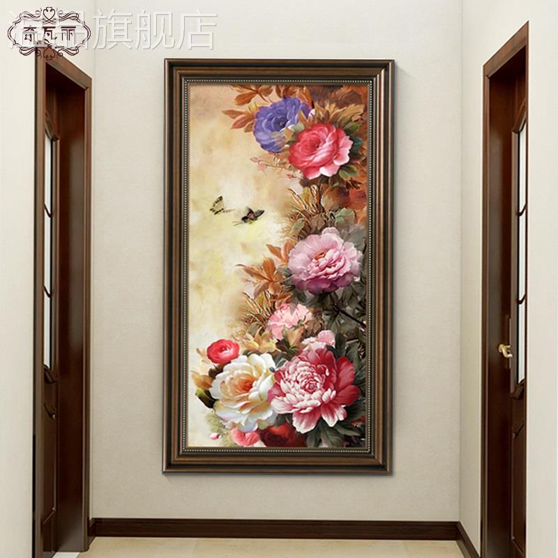 网红牡丹花开富贵美式入门玄关装饰画复古欧式墙壁画花卉油画客厅图片