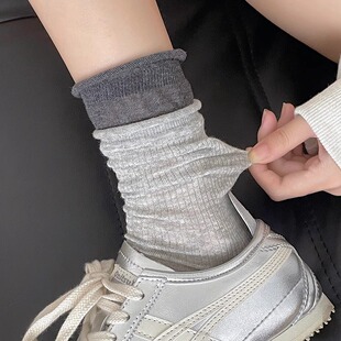 双罗口卷边袜子女春夏薄款MIU系芭蕾风精梳棉百搭堆堆袜中筒长袜