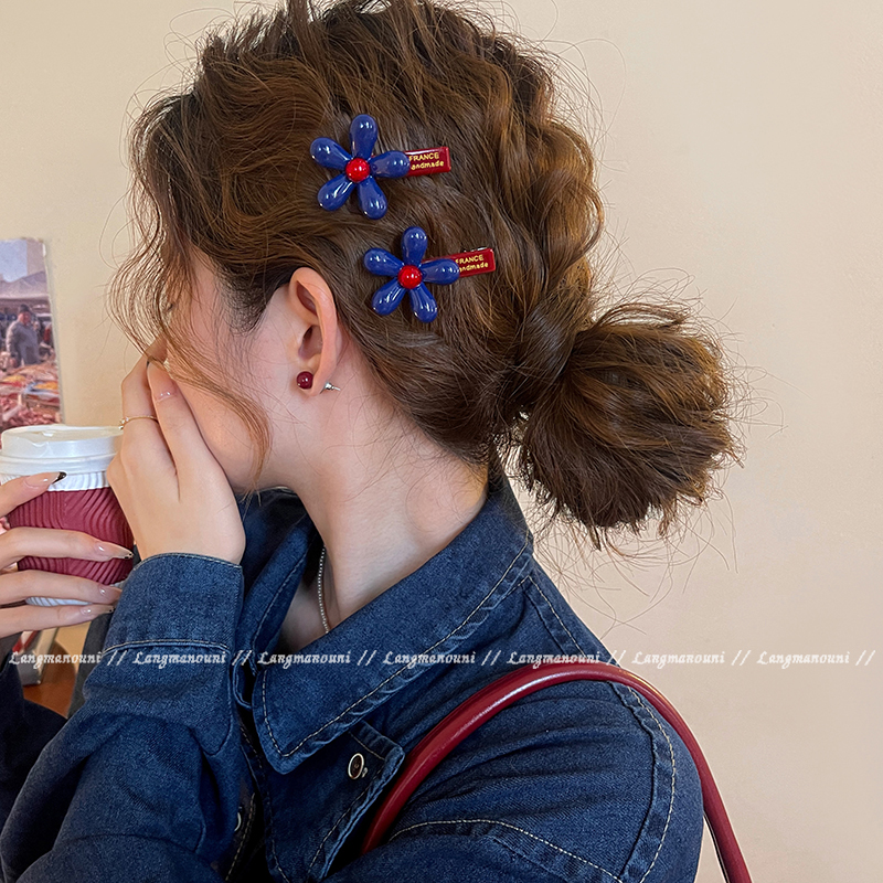红蓝撞色花朵发夹女前额侧边夹碎发刘海夹2025新款高端鸭嘴夹头饰