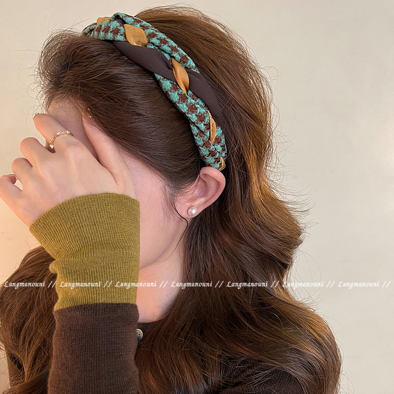 千鸟格麻花发箍女带齿防滑复古风头箍高级感外戴高颅顶发卡子发饰