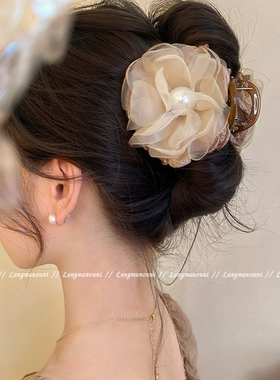 甜美出圈~网纱花朵发夹抓夹女高级感2025新款后脑勺鲨鱼夹子头花