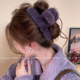紫色毛绒抓夹女大号后脑勺发夹2026新款高级感鲨鱼夹冬日百搭发饰