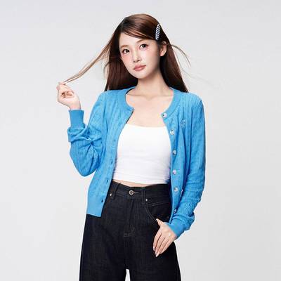 BUBBLELEY 秋季孔雀蓝慵懒风毛衣圆领外套刺绣针织显瘦休闲开衫女