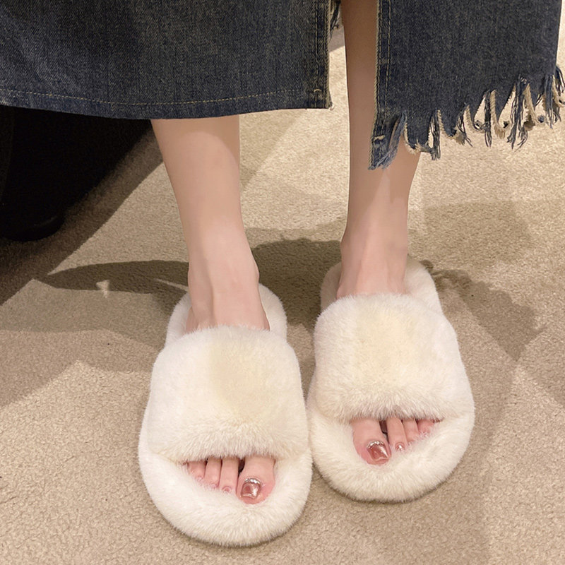白色毛毛拖鞋女外穿网红仙女风凉拖秋冬孕妇大码室内家居毛绒棉拖