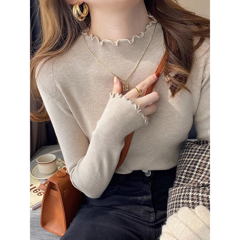 打底衫女内搭洋气2025年春季新款木耳边半高领修身毛衣针织上衣