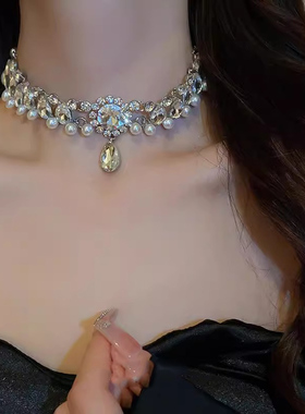 巴洛克珍珠项链女款夸张重工锆石晚礼服生日新娘毛衣链子颈链配饰