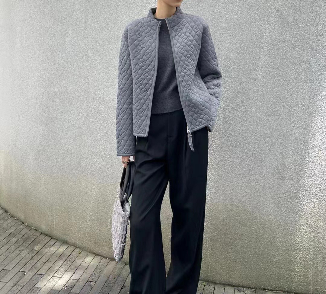 MJY高端女装 2024秋冬新款菱格立领羊毛夹棉外套修身显瘦薄棉服