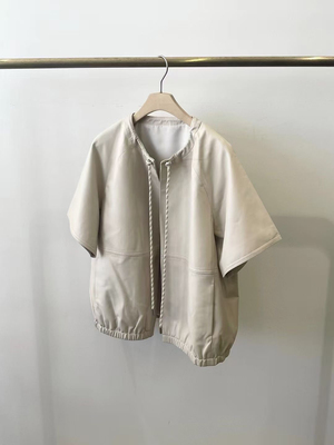 MJY高端女装新款进口超薄羊皮轻落肩圆领抽绳宽松休闲短袖皮外套