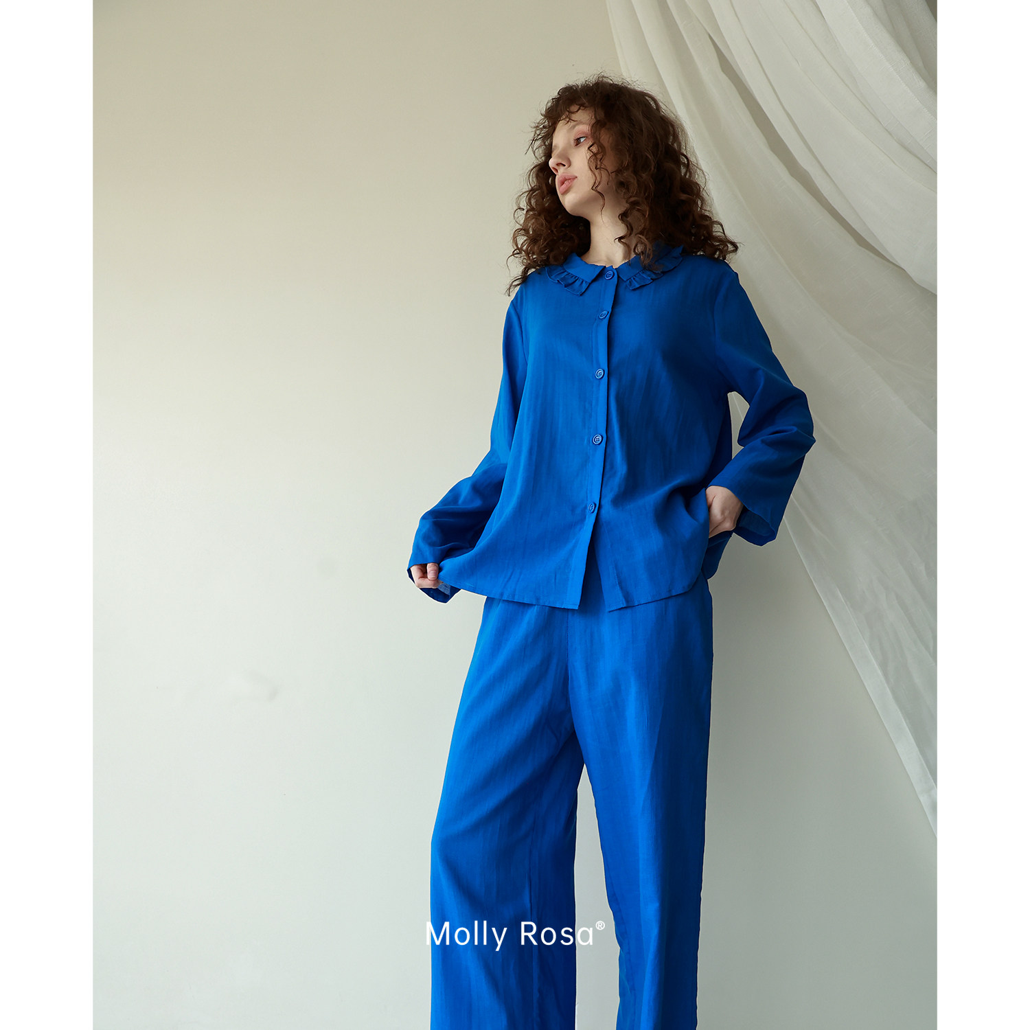 MollyRosa克莱因蓝|莱赛尔天丝棉纯色花边领长袖裤早秋家居服套装