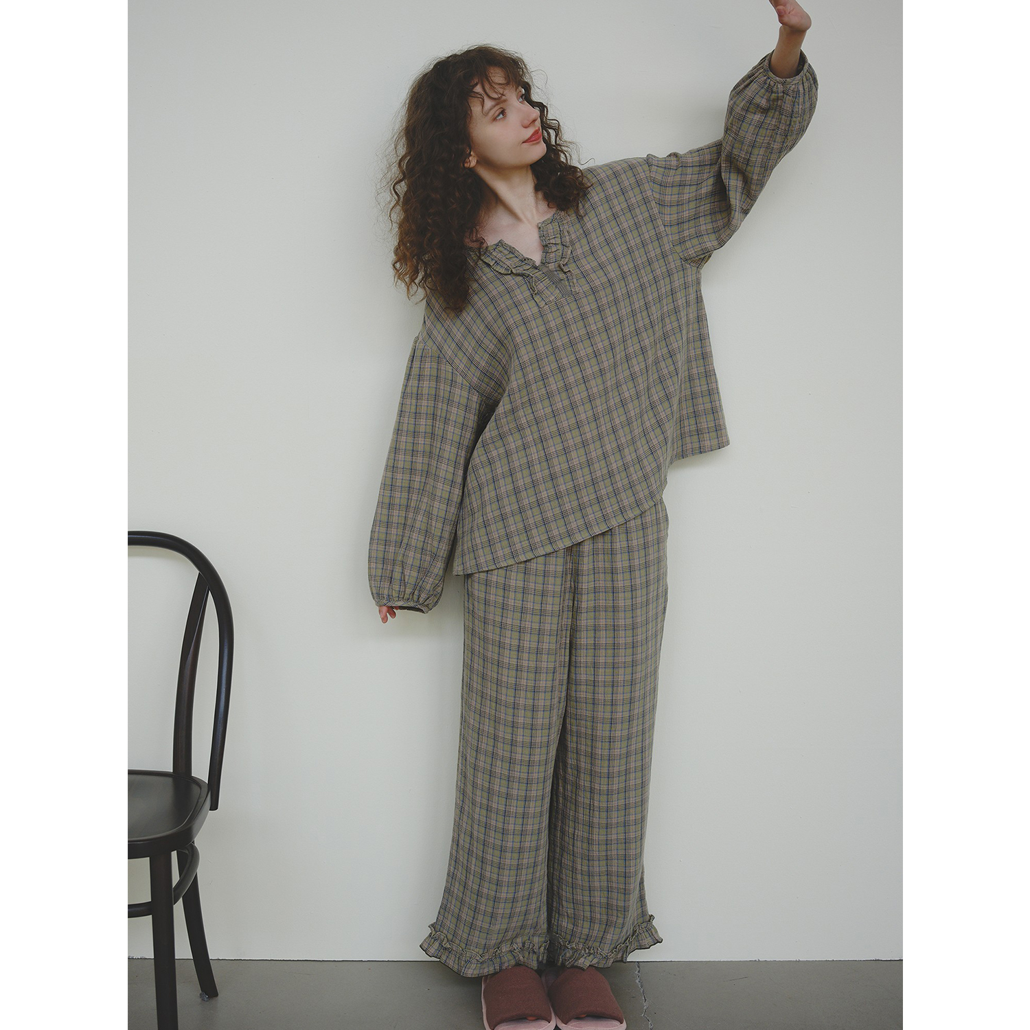 MollyRosa森氧绿絮语|复古纯棉格纹睡衣长袖长裤家居服套装秋季新