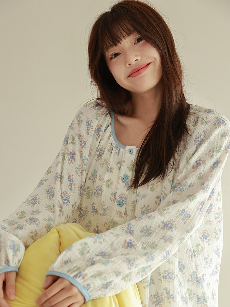 MOLLYROSA小漫春曲 纯棉皱皱双层纱布少女复古碎花长袖家居服睡衣