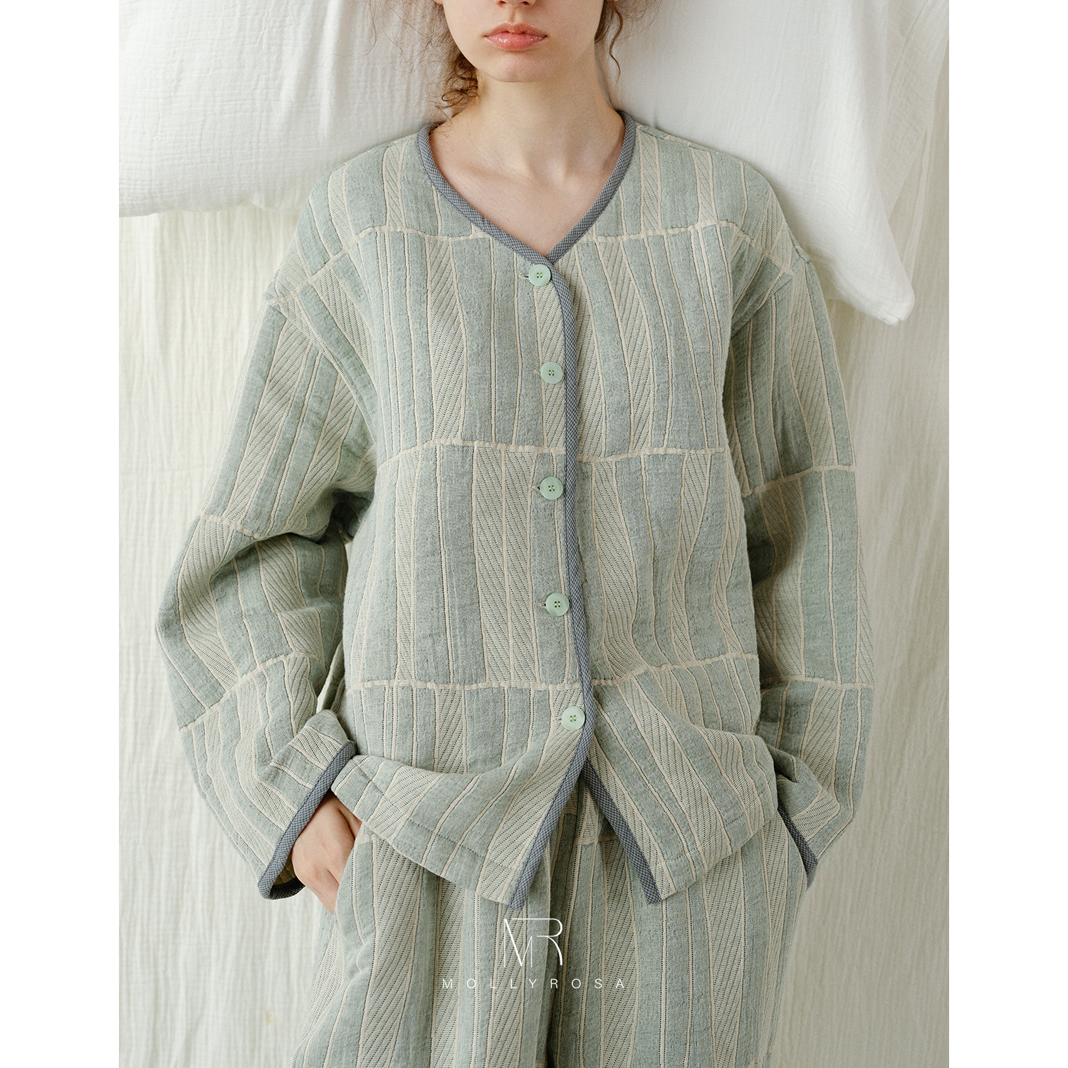 MOLLYROSA条纹奶绿丨棉麻三层加厚秋冬提花家居服套装睡衣可外穿