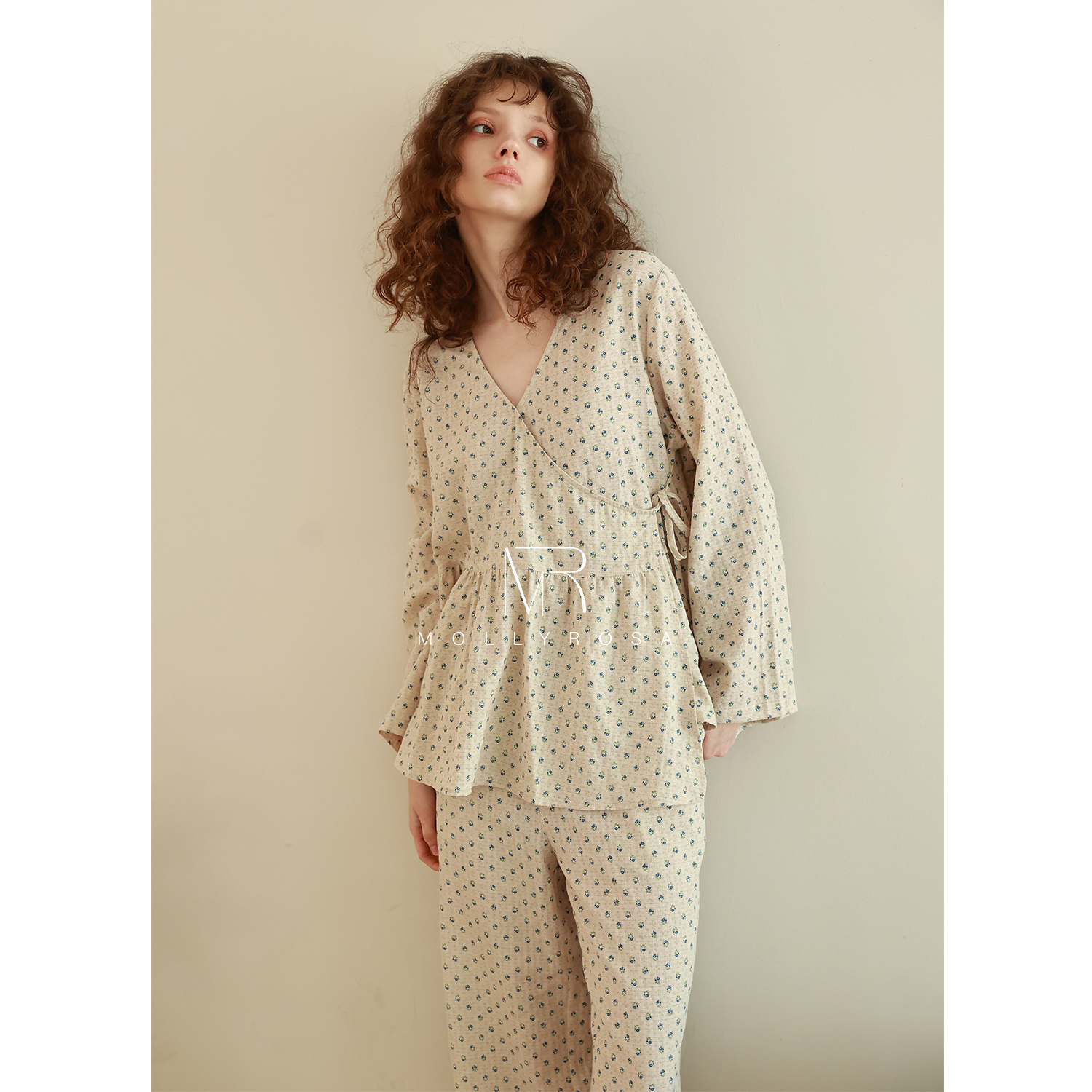 MollyRosa碧城蓝·碎花春秋季斜襟v领长袖长裤睡衣女款家居服套装
