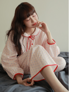 MollyRosa实物chao美纯棉显白雾粉少女娃娃领长裤 睡衣家居服春季