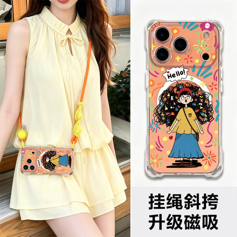 适用苹果17promax手机壳新款磁吸iphone16pro斜挎带挂绳15橙色保护套14plus全包防摔外壳13防盗可背挂脖女12e
