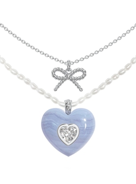 闪光的心2系列蓝纹爱心煳蝶结双层项链原创925银耳环戒指项链套装