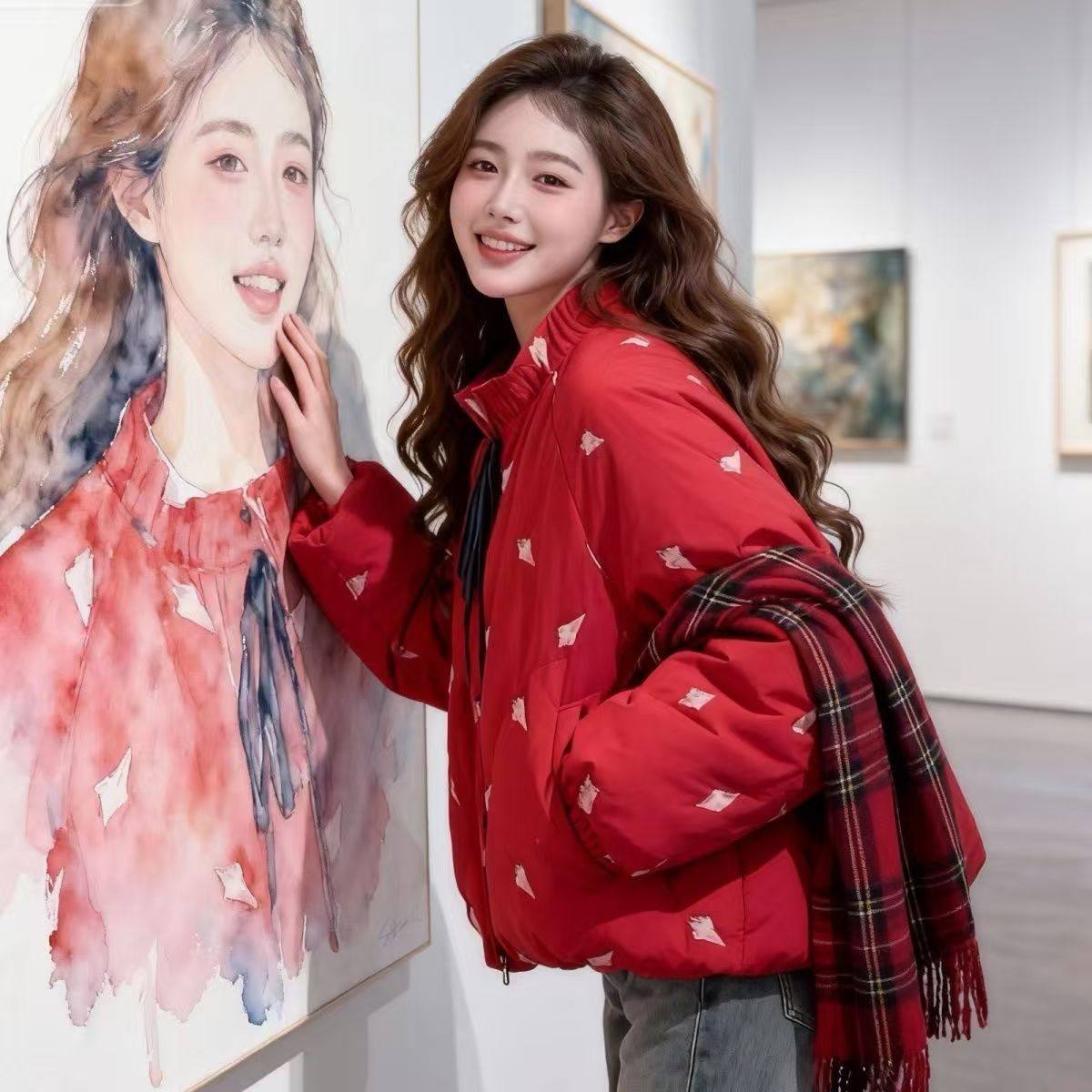 90白鸭绒冬季刺绣短款羽绒服女