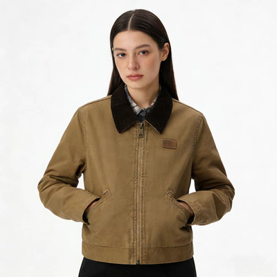 吗登美式巴恩风卡其撞色翻领