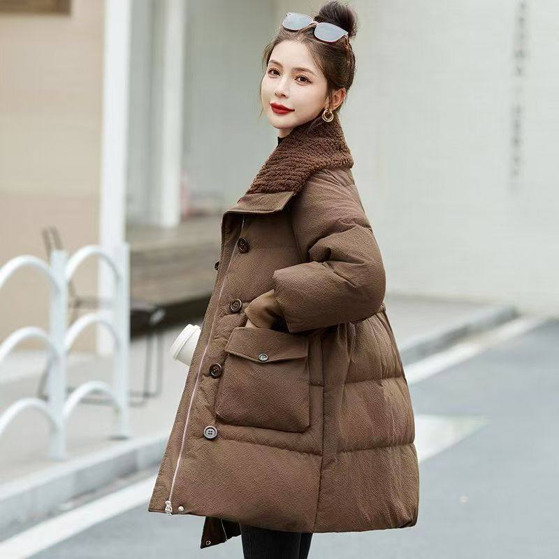 90白鸭绒咖啡色中长款羽绒服女