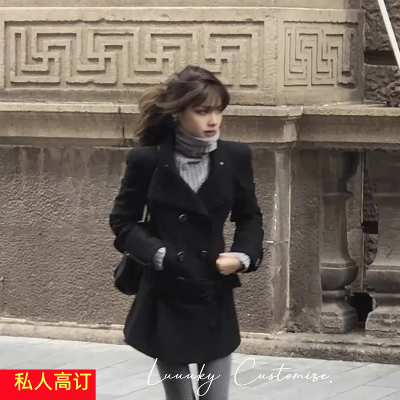 博主ranran同款黑色古早修身显瘦正肩毛呢大衣女复古中款风衣外套