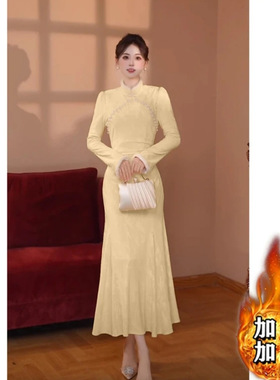 加绒加厚连衣裙女秋冬包臀裙重要场合漂亮裙子大方得体绝美冬裙潮