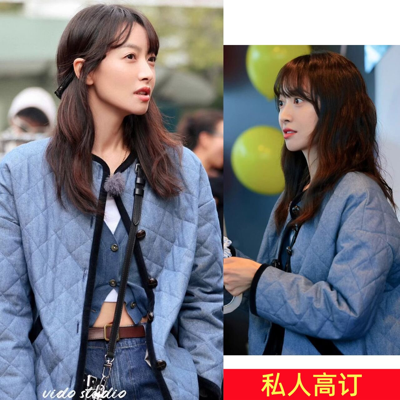 2025冬宋茜花少同款牛仔绗缝菱格棉服大廓形宽松灯芯绒拼接外套女