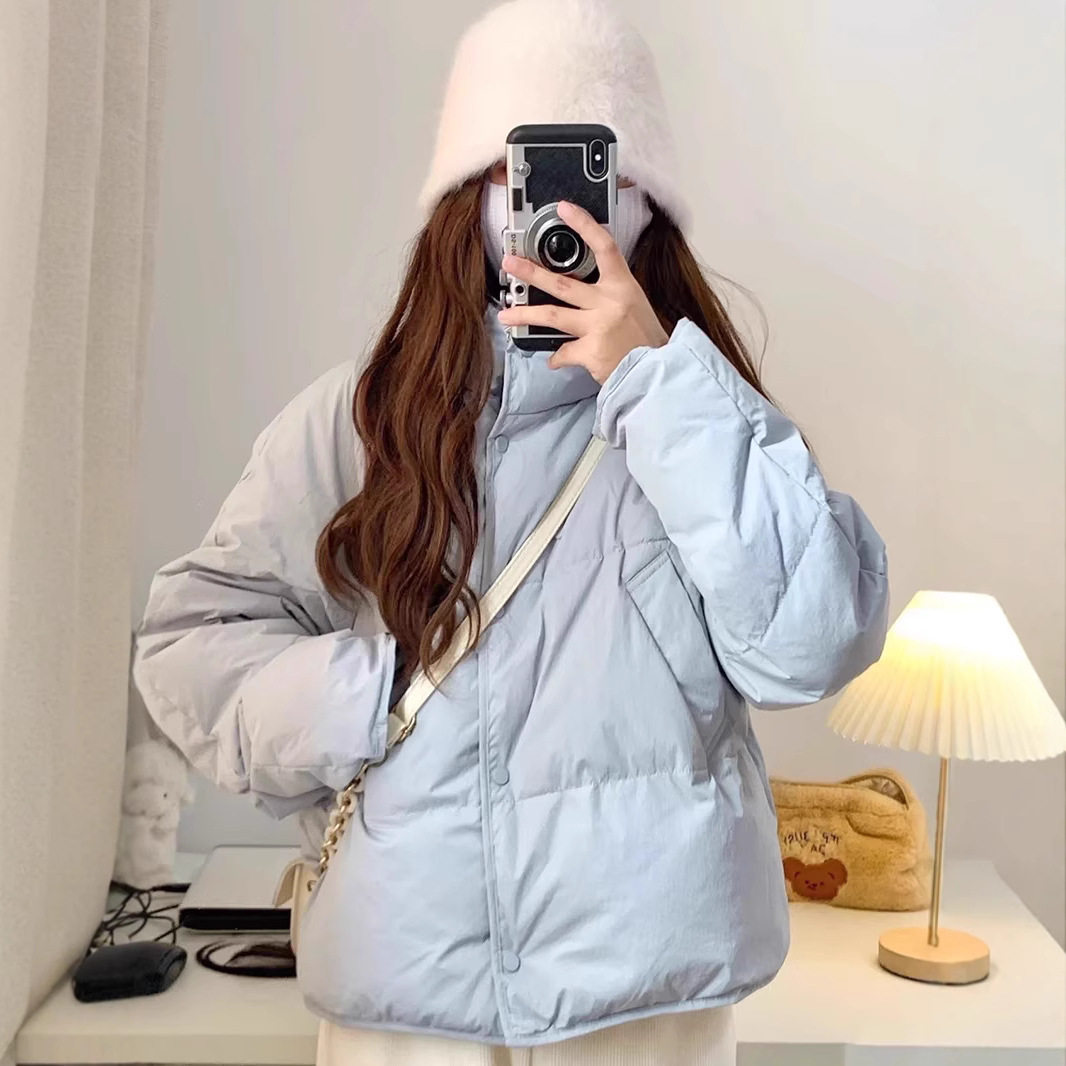 奶呼呼减龄2025年新款韩版羽绒服女短款白鸭绒小个子时尚蓝色
