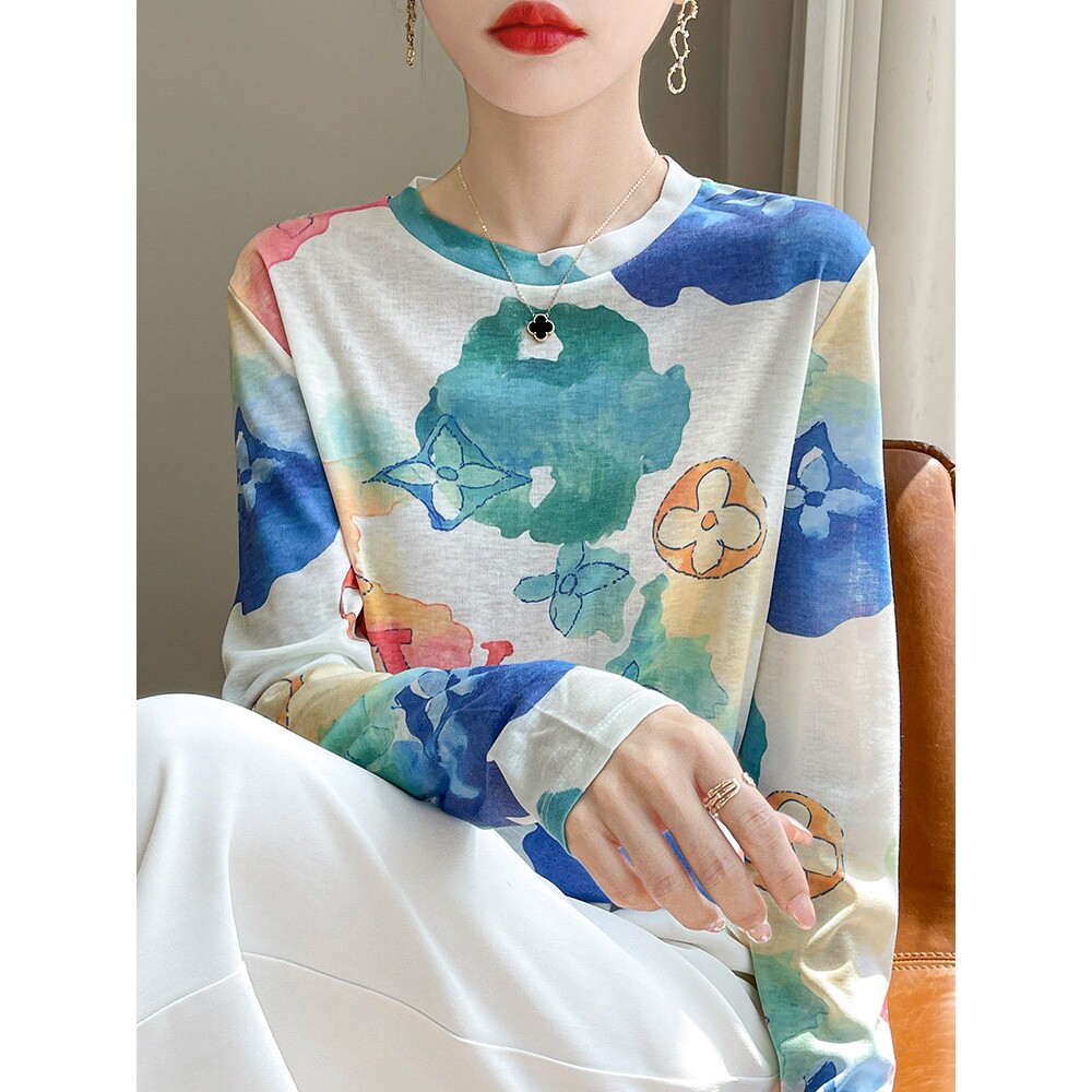 凉感防晒长袖t恤衫女2026早春新款薄款打底衫彩色针织衫印花上衣