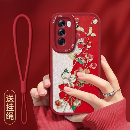 洒金牡丹适用opporeno15手机壳14/13新年款reno12pro潮reno11高级reno10女9红色reno8全包7硅胶reno6防摔套