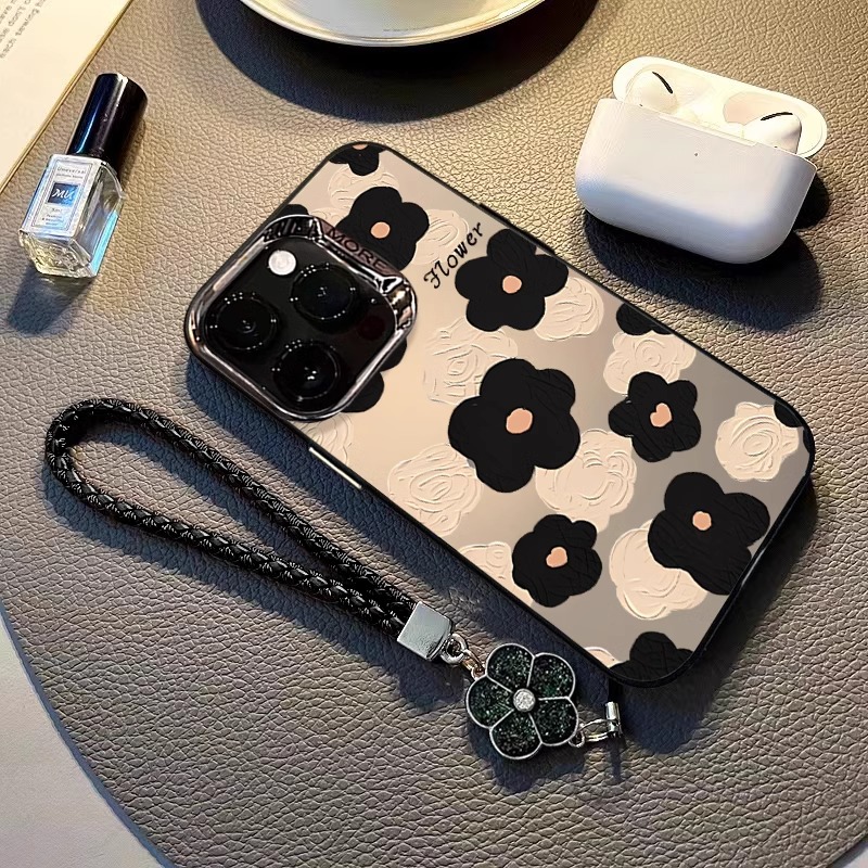 适用苹果16电镀圈彩银水粉画花朵