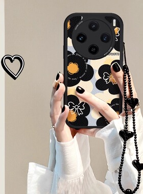 英文黑花适用VIVOX100手机壳X90新款中国风X80Pro挂绳全包x100s小羊皮y78高级感y200女S19por软硅胶Ultra防摔