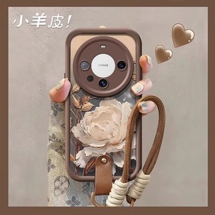 望舒金莲适用华为mate80pro手机壳新款 m60腕带m40pro美拉德nova131211硅胶咖色小羊皮pura70挂绳50全包防摔女