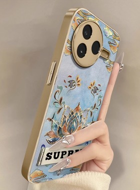 敦煌鎏金莲花适用于红米k80Pro手机壳k70e新款k60ultra小羊皮k50pro国潮note14高级艺术13男女支架电镀冠军版